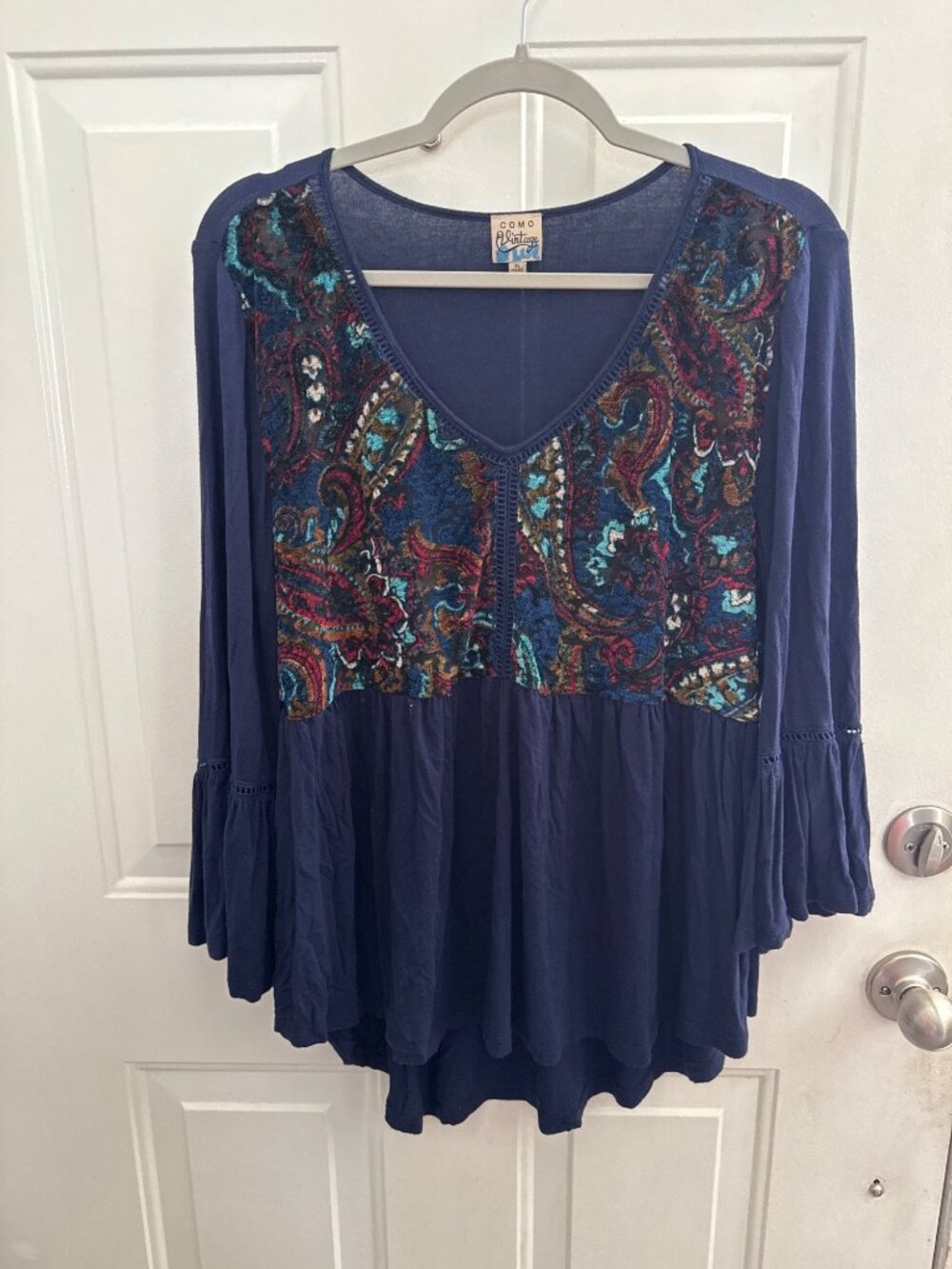 Como Vintage Blue Velvet Paisley V-Neck Bell Sleeve Top SZ X-Large Whimsy